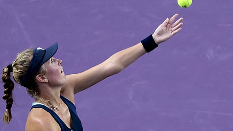 Poland's Magdalena Frech serves on the way to a win over Australian Olivia Gadecki in the WTA final in Guadalajara, Mexico