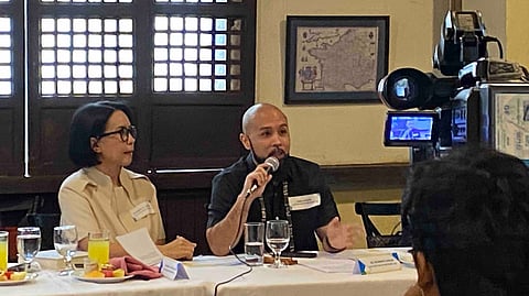 Halcyon medical director, Dr. Glennda Canlas, and G Canlas, the company’s business development head, address questions from the members of the media about the effectiveness of their newly-launched BrainHealth Program app aimed to help in addressing the problem of mental health issues among Filipino seafarers, during a press conference in Illustrado Restaurant in Intramuros, Manila on Thursday.