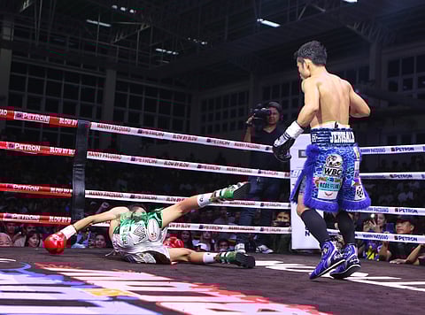 MELVIN Jerusalem sends Mexican challenger Luis Castillo crashing to the deck in the first round of their WBC minimumweight title fight Saturday in Mandaluyong. Jerusalem won via a lopsided decision to retain the crown.