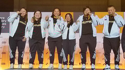 THE national women’s chess team composed of Jan Jodilyn Fronda, Bernadette Galas, Janelle Mae Frayna, Ruelle Canino and Shania Mae Mendoza celebrates after winning the gold medal in Group B of the 45th FIDE Chess Olympiad in Budapest, Hungary. Also shown is team captain Jayson Gonzales.