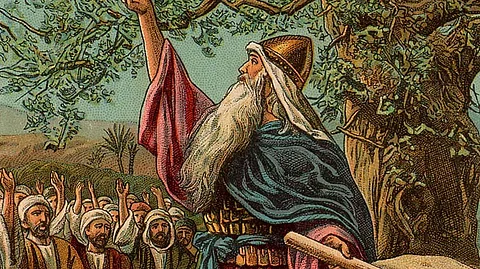 Joshua Renewing the Covenant with Israel and; as in Joshua 24:14-28; illustration from a Bible card published by the Providence Lithograph Company