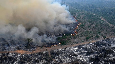 (FILES) Aerial view of an area of Amazon rainforest deforested by illegal fire in the municipality of Labrea, Amazonas State, Brazil, taken on 20 August 2024. The Amazon, a crucial ecosystem for climate regulation, lost in less than four decades an area of forest almost as large as Colombia, according to a study by the RAISG monitoring network accessed by AFP on 23 September.
