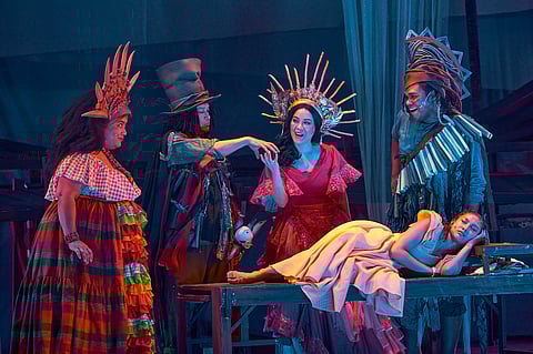 RADHA, Lorenz Martinez, Shiela Valderama-Martinez and Garrett Bolden, Jr. as the four gods, with Thea Astley as Ti Moune.