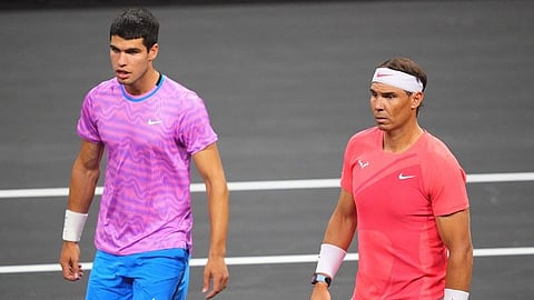 CARLOS Alcaraz (left) and Rafael Nadal in action during The Netflix Slam at Michelob ULTRA Arena on 3 March 2024 in Las Vegas, Nevada.