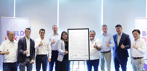 Members of the Cement Manufacturers Association of the Philippines (CeMAP), who signed a Transport Safety Pledge are (from left), CeMAP corporate secretary Loloy Pestano; CEMEX Philippines VP for commercial sales Roberto Zayco; CEMEX Philippines CEO Luis Franco; Holcim Philippines CEO Nicolas George; Holcim Philippines head of health, safety, security and environment Catherine Joy Guinto; CeMAP executive director Renato Baja; Republic Cement CEO Roman Menz; Republic Cement president and CeMAP president Reinier Dizon; and Republic Cement Lands and Sustainability director Atty. Anda Bolinas.