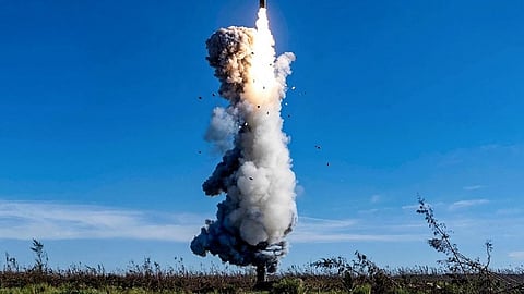This handout photograph taken on 25 September 2024 and released by the Chinese People's Liberation Army News and Communication Center on 26 September 2024, shows the Chinese People's Liberation Army Rocket Force launching an intercontinental ballistic missile carrying a dummy warhead into the Pacific Ocean, at an undisclosed location.