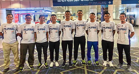 THE national cycling team composed of (from left) coaches Virgilio Espiritu and Ronald Gorrantes and athletes Junrey Navarra, Jude Gabriel Francisco, Joshua Pascual, Ronald Oranza, Jan Paul Morales, Marcelo Felipe, and coach Mark John Lexer Galedo is on its way to the Tour of Langkawi in Langkawi Island, Malaysia.