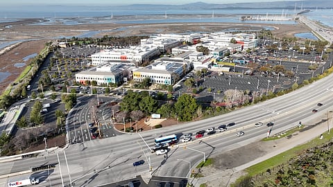 An aerial view of Meta's main Headquarters with the famed sign in view.