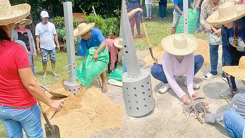 BPI Foundation’s TechVoc trainees turn rice hulls into organic fertilizer by spreading it around a carbonizer