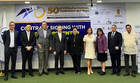 At the signing of the sponsorship for the 50th Philippine Business Conference & Expo are (from left) Michael Tan, president of Asia Brewery Inc.; Aaron Co, vice president for investor relations of SM Investments; George Barcelon, independent director of BDO Unibank Inc.; Nestor Tan, president and CEO of BDO Unibank Inc.; Eunina Mangio, president of Philippine Chamber of Commerce and Industry; Cynthia de Castro, assistant vice president for government affairs and advocacy group of San Miguel Corp., Alegria Limjoco, director for international relations and APFC permanent representative of Philippine Franchise Association; and Sergio Ortiz Luis Jr., president of Philippine Exporters Federation.