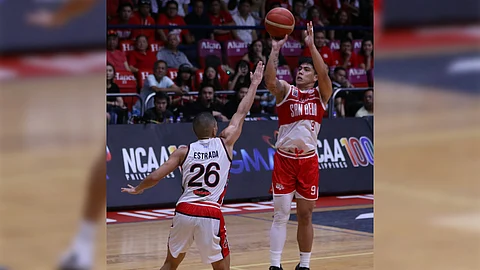 Bryan Sajonia connects the dagger trey to save San Beda from surging Letran, 66-64, in the NCAA Season 100 men’s basketball competition.