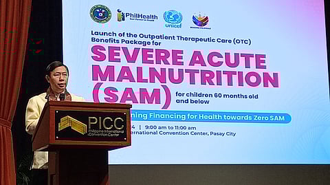 PHILHEALTH president and chief executive officer Emmanuel Ledesma Jr. introduces the Outpatient Therapeutic Care Benefits Package for Acute Malnutrition for children 5 years old and below at the Philippine International Convention Center in Pasay City on Tuesday.