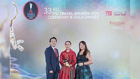 TPB Chief Operating Officer Marga Nograles proudly holding the Best National Tourism Organization trophy at the 33rd Annual TTG Travel Awards 2024, held at Centara Grand & Bangkok Convention Centre, Bangkok