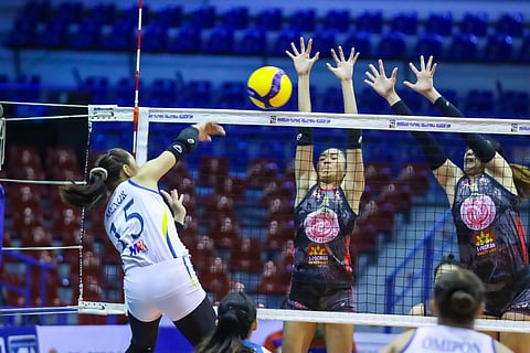 Jemalyn Menor of the Bacoor Lady Strikers attacks the Biñan Tatak Gel defense during their Maharlika Pilipinas Volleyball Association game yesterday at the Ynares Sports Arena in Pasig City.