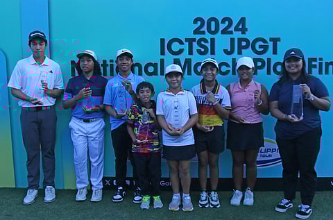 WINNERS of the 2024 ICTSI JPGT National Match Play Finals (from left) Zachary Villaroman in B16-18, Clement Ordeneza in B13-15, Ralph Rian Batican in B10-12, Kvan Alburo in B8-9, Denise Mendoza in G8-9, Brittany Tamayo in G10-12, Precious Zaragosa in G13-15 and Alethea Gaccion in G16-18.