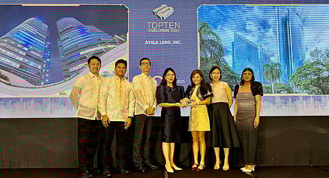 IN THE PHOTO: (Center/4th from the Left) Carol T. Mills, Head of AyalaLand Offices (ALO); and (2nd from the right) Gail Samaniego, Head of ALO Asset Management and Business and Project Development Group receive the award for Ayala Land at the BCI Asia Awards 2024