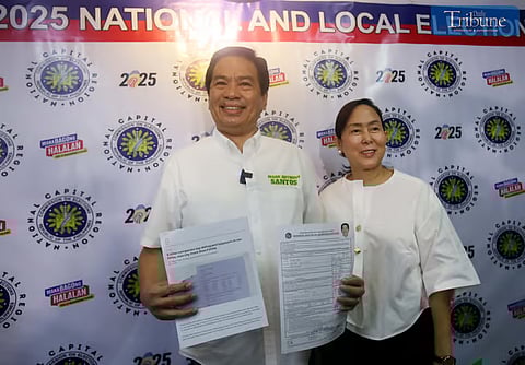 Las Piñas councilor Mark Anthony Santos, accompanied by his wife, has filed his certificate of candidacy at the Commission on Elections-National Capital Region Office in San Juan City as he guns for a congressional seat representing the First District of Las Piñas in the 2025 midterm polls on Sunday.