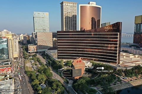This photo taken on 18 January 2023 shows an aerial view of the Wynn Casino complex (C) in the southern Chinese enclave of Macau.