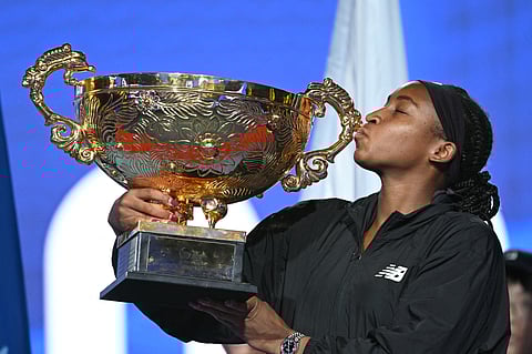 COCO Gauff celebrates after beating Karolina Muchova to win the women’s singles event of the China Open in Beijing.