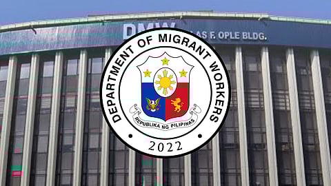 The seal of the Department of Migrant Workers overlaid on the DMW central office building façade in Manila.