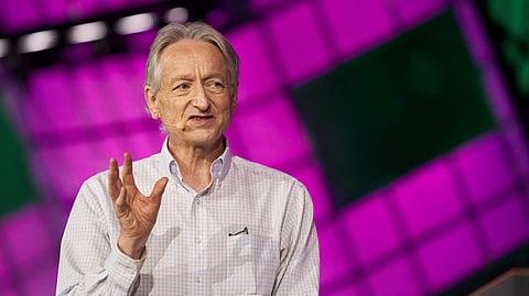 (FILES) In this file photo taken on 28 June 2023 British-Canadian cognitive psychologist and computer scientist Geoffrey Hinton, known as the 'godfather of AI', speaks during the Collision Tech Conference at the Enercare Centre in Toronto, Ontario, Canada. Canadian-Briton Geoffrey Hinton together with US scientist John Hopfield win the 2024 Physics Nobel Prize, the Royal Swedish Academy of Sciences announced on 8 October 2024.
