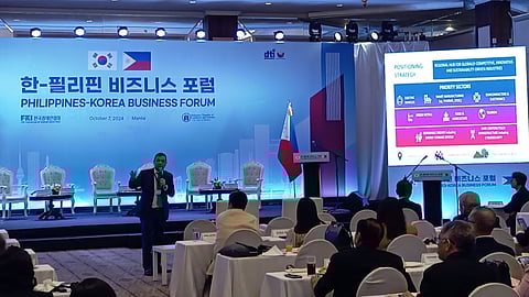 Board of Investments managing head and Trade Undersecretary Ceferino Rodolfo lays down the countries advantage against counterparts for Korean investors to pour in more investments, during the Korea-Philippines Business Forum on Monday at the Manila Hotel.
