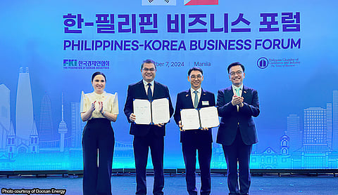The partnership was firmed up through the works of(from left) Department of Trade and Industry Secretary Christina Aldeger Roque, Meralco chief operating officer Ronnie Aperocho, Doosan vice chairman and chief operating officer Yeon-in Jung, and Deputy Prime Minister for economy Sang-mok Choi.