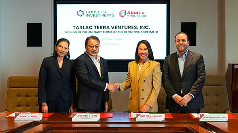 In an agreement signed last 9 October 2024, the Yuchengco Group’s non-bank holding company House of Investments Inc. (HI) and Aboitiz InfraCapital Inc., the infrastructure arm of the Aboitiz Group, will be incorporating HI’s 184-hectare property as part of AIC’s expanded TARI Estate in Tarlac, adding mixed-use components that will complement TARI Estate’s industrial and business offerings. Leading the signing are Lorenzo V. Tan, HI president and CEO (second from left) and Cosette Canilao, AIC president and CEO (third from left). They were joined by Gema Cheng, HI EVP-COO, CFO and treasurer (leftmost) and Rafael Fernandez de Mesa, LIMA Land Inc. president and Aboitiz InfraCapital Economic Estates head.