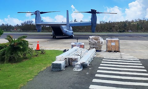 Essential relief items for typhoon victims donated by the US Agency for International Development were unloaded from the US Marine Corps MV-22 Osprey at the Batanes Airport (File photo AFP PAO)