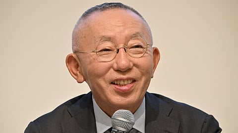 Fast Retailing Chairman, President and CEO, Tadashi Yanai speaks during the company’s financial results press conference in Tokyo on 12 October 2023.