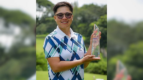 Sarah Ababa celebrates after closing with a 76 to end her six-month title drought with a victory in the ICTSI Iloilo Golf Challenge.