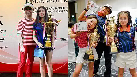 Shown during the Singapore Junior Masters awarding ceremony Nicole Gaisano Gan (left), and sister Stephanie (rightmost) with teammate Brie Macasaet (center) and World No. 1 ranked player from Malaysia, Glory Hong.