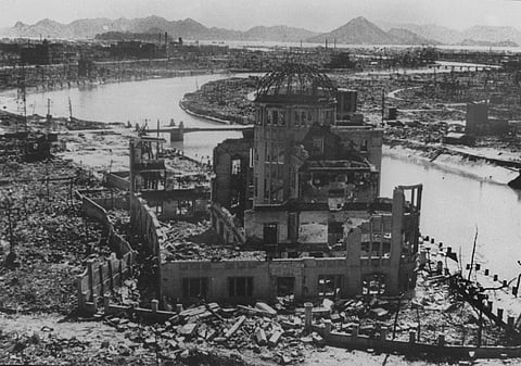A photo dated September 1945 of the remains of the Prefectural Industry Promotion Building after the nuclear bombing of Hiroshima, Japan. The Nobel Peace Prize was on 11 October 2024 awarded to the Japanese anti-nuclear group Nihon Hidankyo, a grassroots movement of atomic bomb survivors from Hiroshima and Nagasaki, also known as Hibakusha.