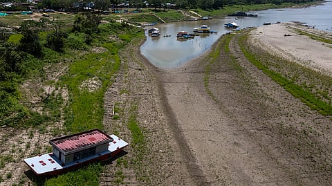 Aerial view of the low water level of the Amazon River in Puerto Narino, Amazonas department, Colombia, on 3 October 2024. Colombia's National Unit for Disaster Risk Management (UNGRD) recently reported that the flow of the Amazon River has been reduced by up to 90% due to the alarming lack of rainfall affecting this triple border with Brazil and Peru, which is only accessible by water.