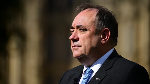 (FILES) Member of Parliament and former Scottish first minister Alex Salmond speaks to journalists in central London on 27 June 2016. Scotland's former leader and figurehead of the independence movement, Salmond, has died at the age of 69, according to members of the Scottish National Party (SNP) that he led for 10 years, as announced on 12 October 2024.