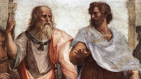 An elder Plato walks alongside a younger Aristotle.