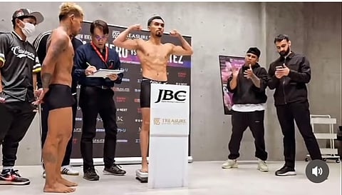 An overweight Johnriel Casimero watches his American opponent Saul Sanchez easily conquer the scales in Yokohama, Japan.