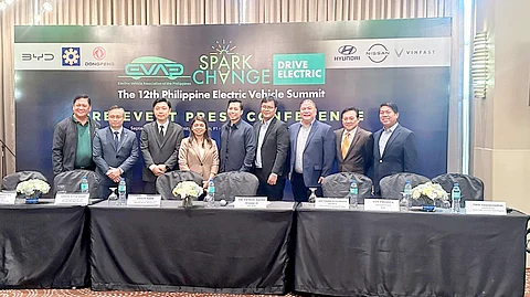EV industry leaders gather at the 12th Philippine Electric Vehicle Summit: Edmund Araga, EVAP president; Cao Ngoc Nguyen Duy, Philippines CEO, VinFast; Daihee Park, directing coordinator for marketing and product planning, Hyundai Motor Philippines; Czarina Blythe Brodit, assistant general manager, Nissan Philippines; director Patrick Aquino DoE; Jose Venancio Calimbahin, president. Diamond Autogroup EV Corp. Bob Palanca, managing director, BYD; Ferdi Raquelsantos EVAP chairman emeritus and Rommel Juan, EVAP chairman.