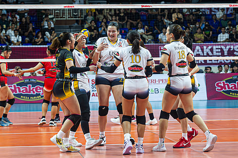 THE UST Tigresses celebrate after completing a four-game sweep of the first round of eliminations of the Shakey’s Super League Collegiate Pre-season Championship.