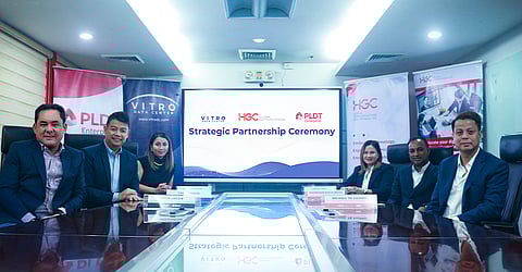 AT THE partnership signing are (from left) Mitch Locsin, FVP and head of enterprise and international core business of PLDT and Smart; Gary Ignacio, chief commercial officer of VITRO Inc.; Jenny Villaflor, head of sales, carriers, channel partners, and public sector of VITRO Inc.; Yse Tinio, head of sales of Philippines, international business of HGC; Ravindran Mahalingam, SVP of international business of HGC; and Michael De Castro, first VP of in-country project investment, international business of HGC, and president of DWIC.