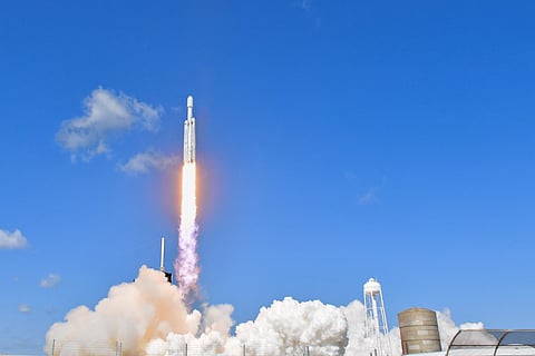 Lift-off A powerful SpaceX Falcon Heavy rocket carries the probe at the start of its five-year journey.