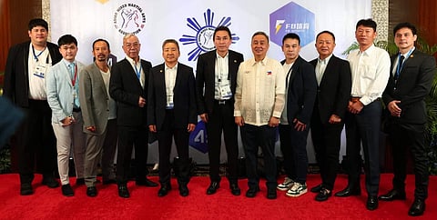 Philippine Olympic Committee President Abraham “Bambol” Tolentino (in Barong Tagalog) poses with Asian mixed martial arts executives, officials, and stakeholders, including VIP Director of 9 Dynasty Group Derries Wong, pro fighter Kazuhiro Sakamoto, Asian Mixed Martial Arts (AMMA) Sports Committee Chairman Wang Zuankan, Jiang Longyun, AMMA President Gordon Tang, Okada Shie, and Nasyonal Mixed Martial Arts Pederasyon ng Pilipinas Secretary-General Alvin Aguilar.