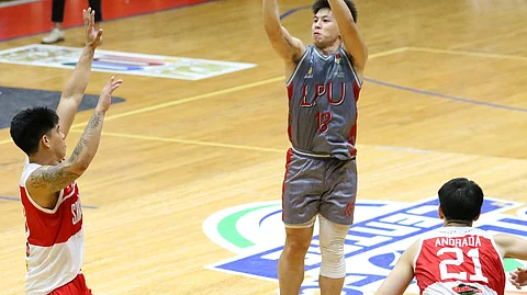 Greg Cunanan sinks one of his two three-pointers that lifted Lyceum to a 64-62 win over San Beda in Season 100 of the NCAA men’s basketball tournament.