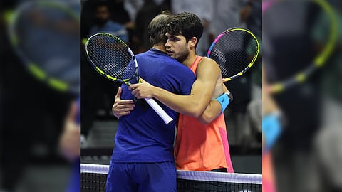 Rafael Nadal hugs Carlos Alcaraz after absorbing a 6-3, 6-3 loss in the semifinals of the ‘Six Kings Slam’ exhibition event in Saudi Arabia.