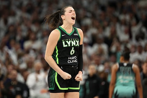 Bridget Carleton screams after sinking the free throws that sent the Minnesota Lynx to an 82-80 win over the New York Liberty in Game 4 of their WNBA Finals best-of-five series.