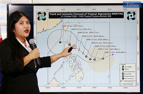 During a press conference at the PAGASA headquarters in Quezon City on Monday, weather forecaster Veronica Torres discussed the current movement of Tropical Depression Kristina. Kristina entered the Philippine Area of Responsibility on 21 October 2024 and is moving west-southwest at 30 kph. PAGASA has raised Signal No. 1 over parts of Luzon, Visayas, and Mindanao, including Catanduanes and Northern Samar. The weather agency expects Kristine to intensify into a tropical storm within the next 12 hours and possibly develop into a typhoon by 24 or 25 October, ahead of its anticipated landfall over Northern Luzon.