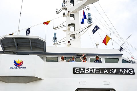 President Ferdinand Marcos Jr., First Lady Liza Araneta-Marcos, Transport Secretary Jaime Bautista, and PCG Admiral Ronnie Gil Gavan wave from the bridge of the BRP Gabriela Silang.
BRP Gabriela Silang (OPV-8301) is an offshore patrol vessel of the Philippine Coast Guard. She is the first offshore patrol vessel and currently, the second largest and most modern vessel of the Philippine Coast Guard.
