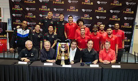 TNT Tropang Giga coach Chot Reyes (seated, left) and Barangay Ginebra mentor Tim Cone (seated, right) are determined to go hard to lead their respective teams to the PBA Governors’ Cup title.