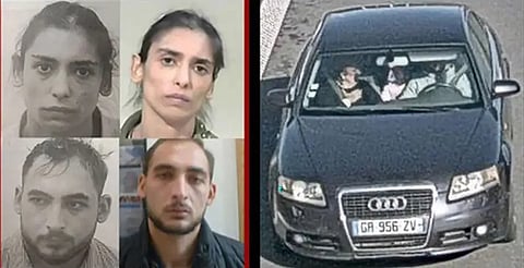 This handout image released on October 22, 2024, by the Belgian Federal Police, shows two suspects and a vehicle on an "Avis de recherche, (Search notice), for a missing child alert.