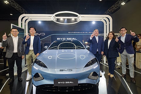 At the Philippine launch of the BYD Seal, (L-R): Aiffy Liu, Country Head, BYD Philippines; James Ng, General Manager, BYD Philippines, Singapore and Brunei; Bob Palanca, Managing Director, BYD Cars Philippines; Carla Buencamino, Head of Mobility Infrastructure, ACMobility; Jaime Alfonso Zobel De Ayala, Chief Executive Officer, ACMobility